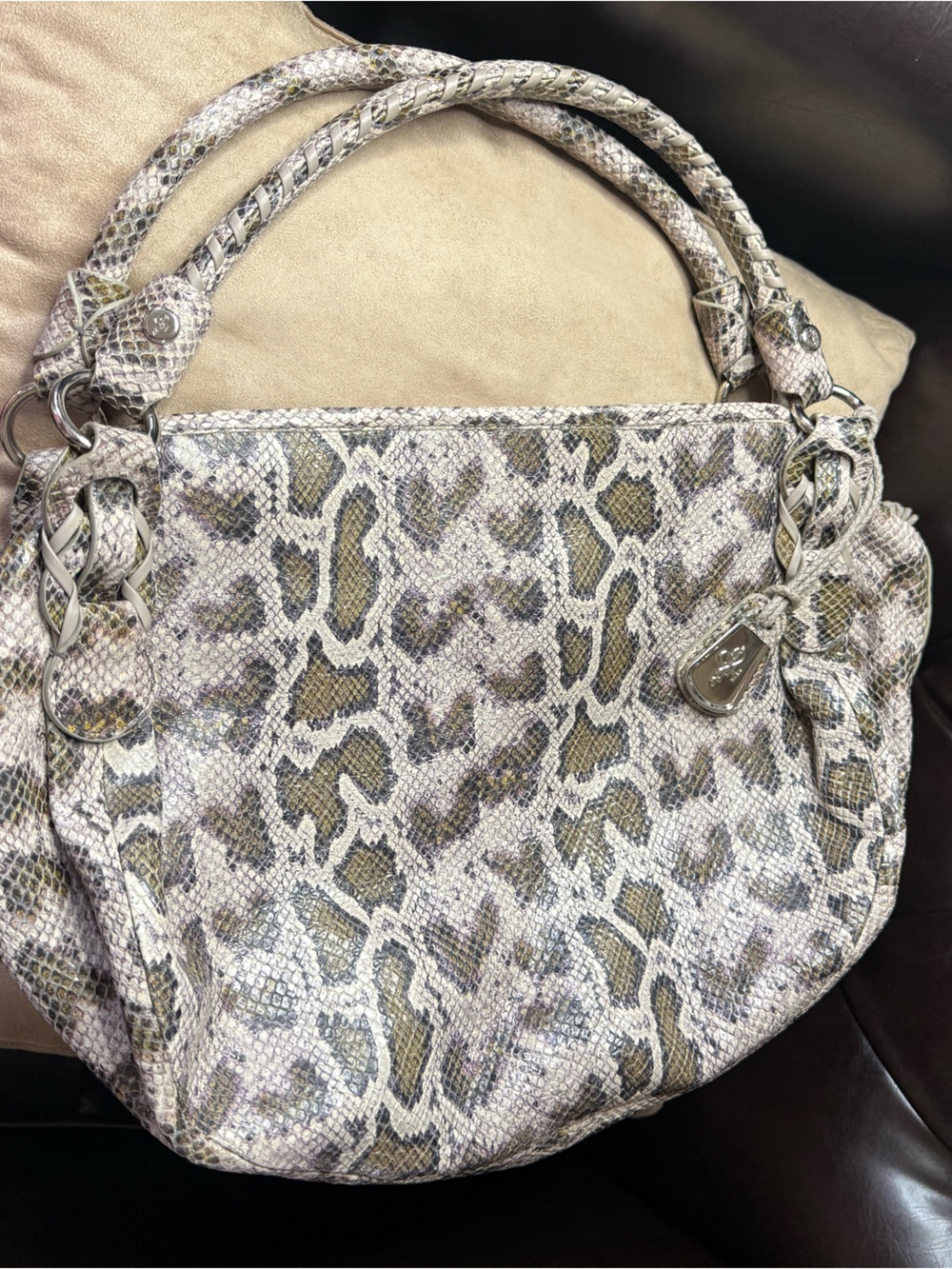 COLE HAAN Genuine Leather Python Print Embossed Beige/Gray Hobo Shoulderbag - Picture 5 of 17
